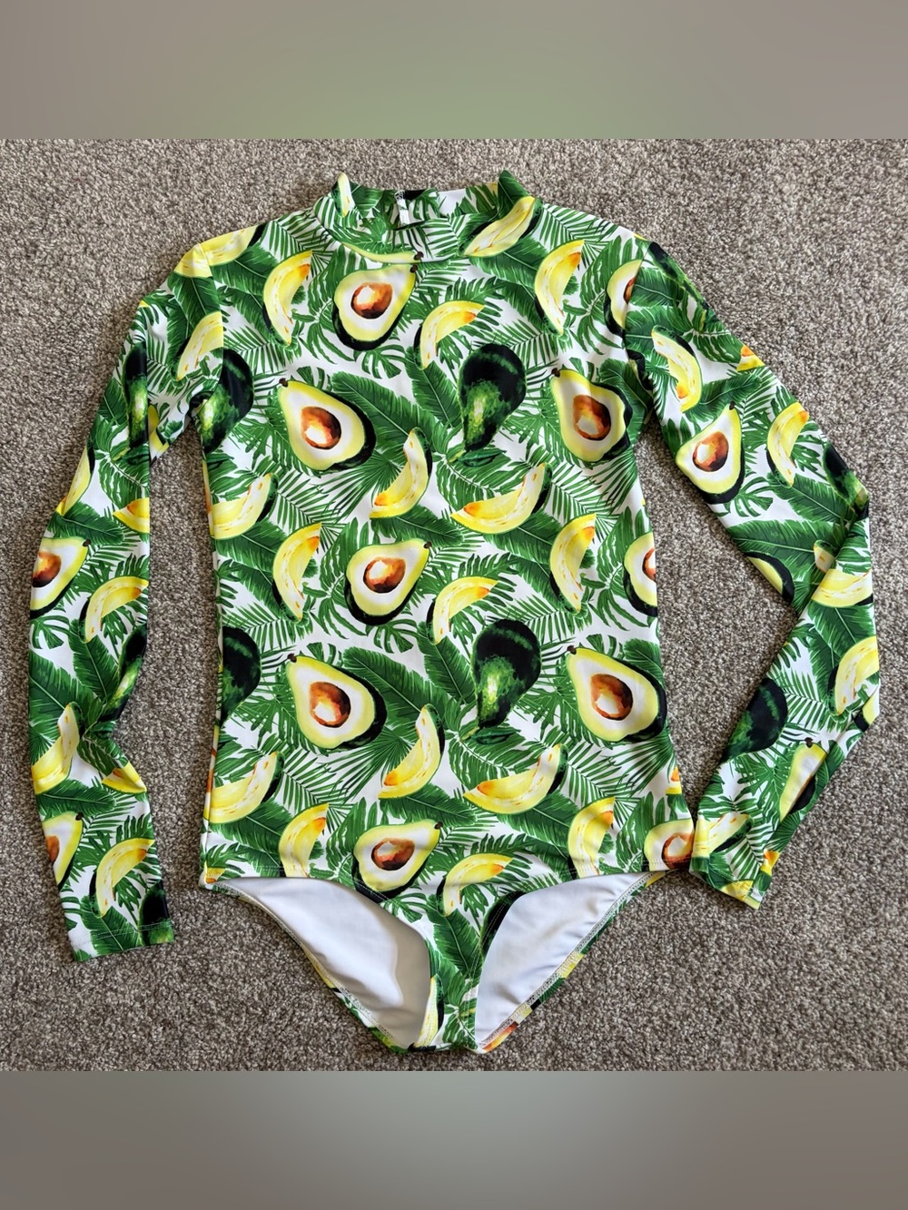 EUC! Avocado Mott50 Green White Tropical Print Swimsuit Rashguard UV SPF Sz Med